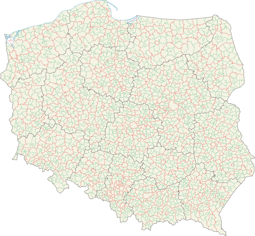 Map of Poland with the voivodeships, powiats and gminas
