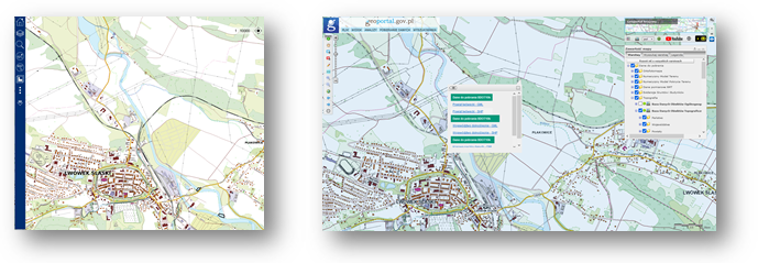 Ilustracja przedstawia zaktualizowany zbiór danych BDOT10k dla fragmentu powiatu lwóweckiego w Portalu BDOT10k oraz w usłudze Baza Danych Obiektów Topograficznych.