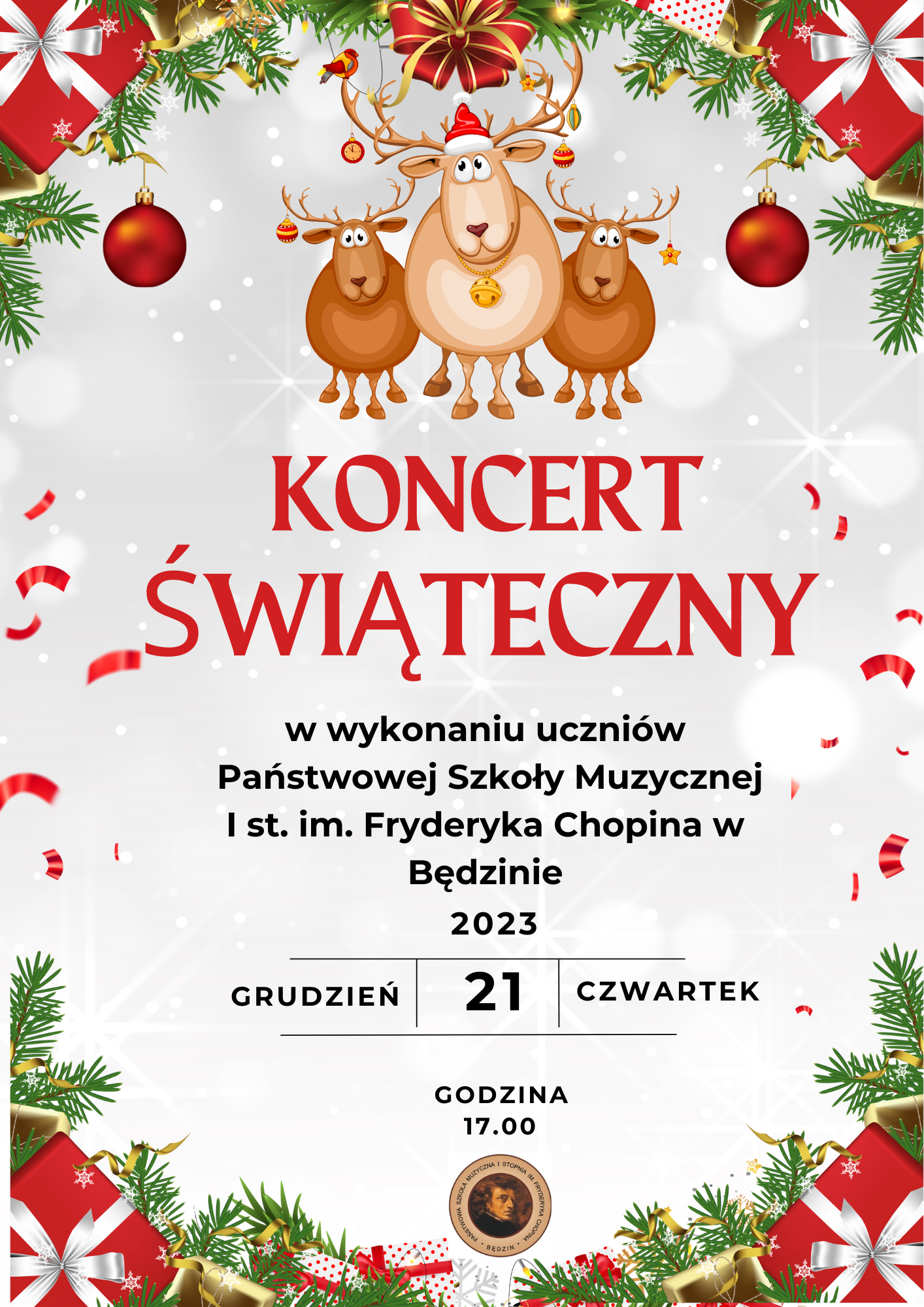 plakat na jasnym tle, na górze renifery, na dole logo szkoły, obramówka w akcencie świątecznym,