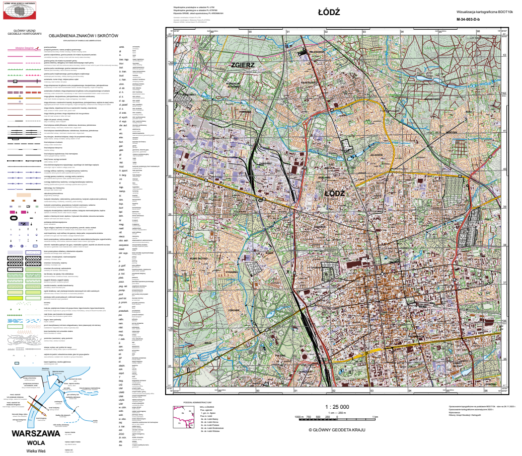 Ilustracja przedstawia zrzut ekranu z przykładową wizualizacją kartograficzną BDOT10k w skali 1:25 000 dla obszaru woj. łódzkiego.