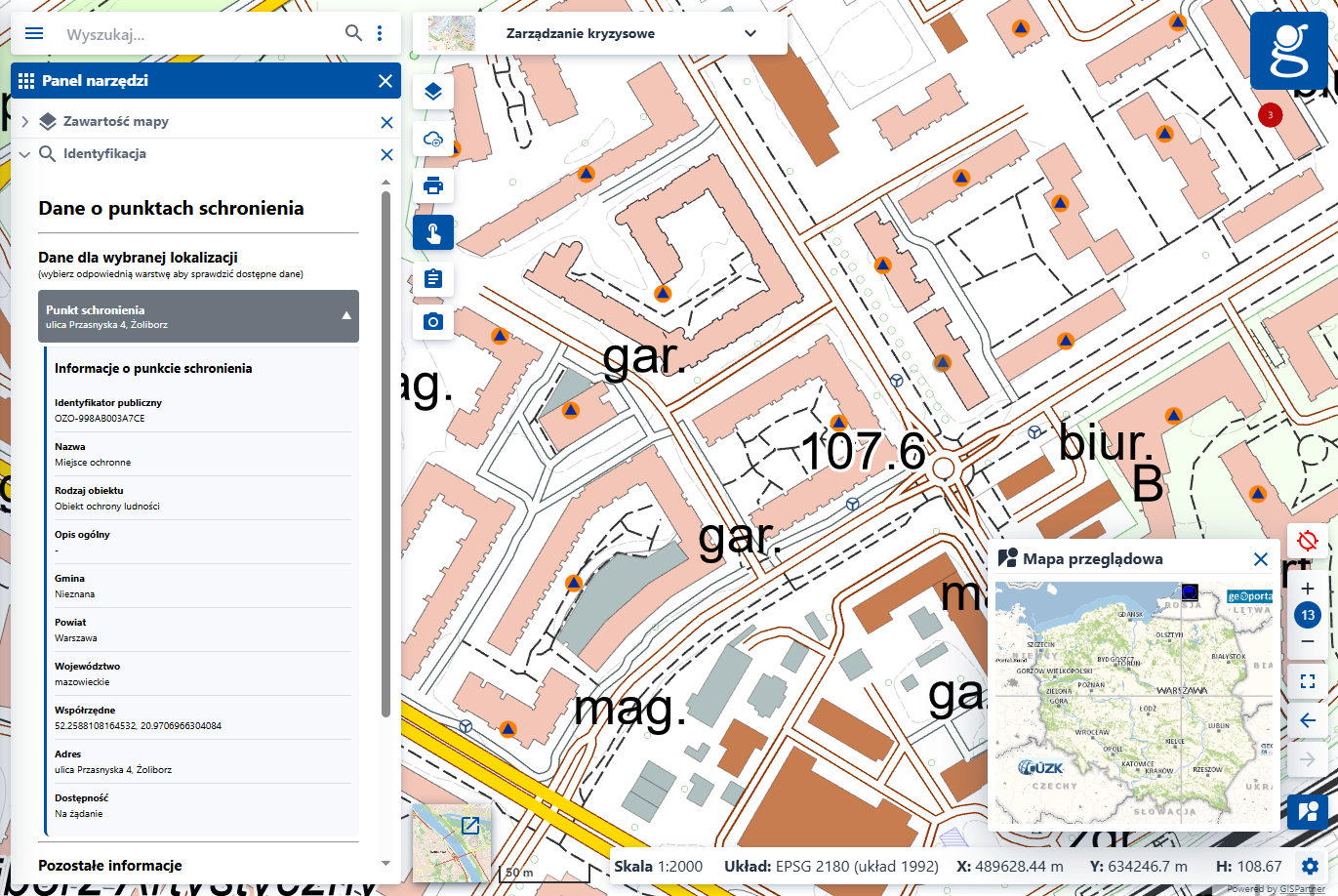 Ilustracja przedstawia widok usługi Schrony oraz informacje o zidentyfikowanym obiekcie