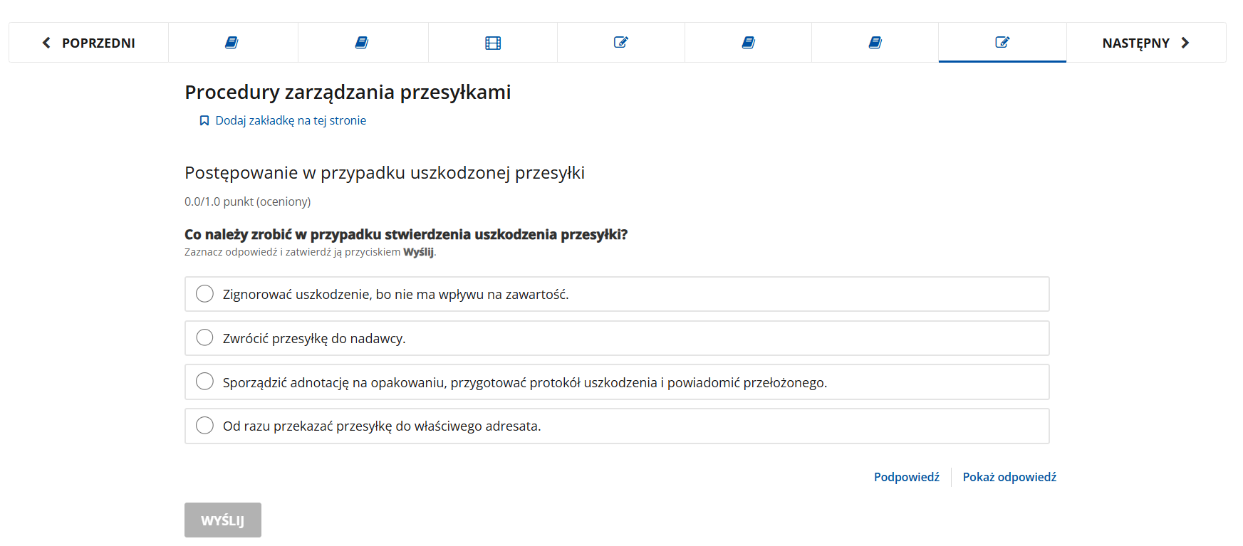 Przykładowe pytanie testowe w kursie „Czynności kancelaryjne cz. I – rejestracja i przetwarzanie przesyłek”.