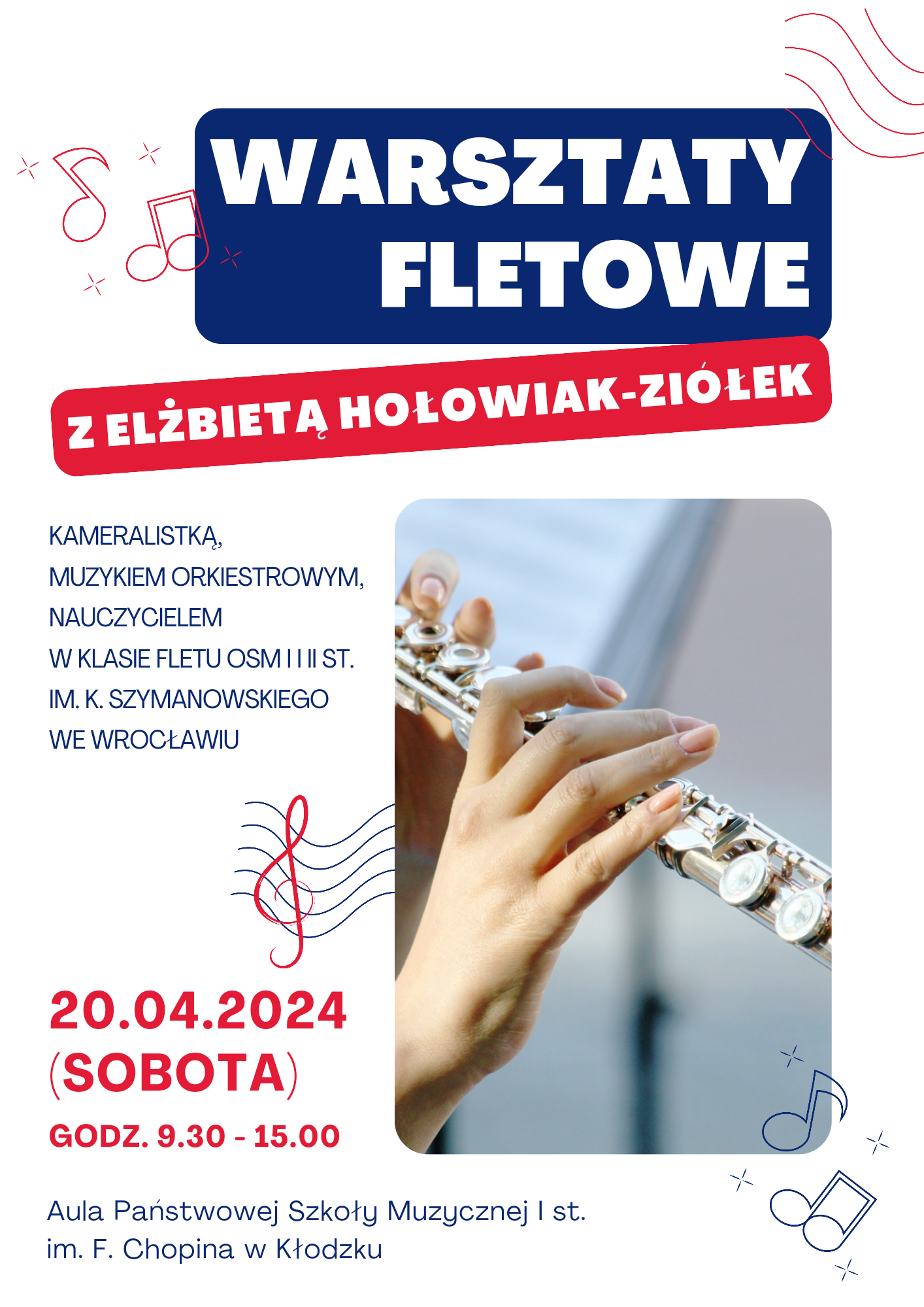 Plakat na białym tle z grafiką fletu oraz informacją tekstową dotyczącą warsztatów fletowych, które odbędą się 20 kwietnia 2024
