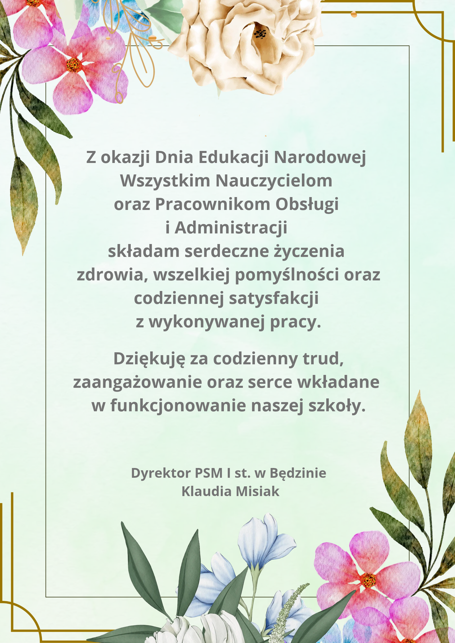 życzenia na seledynowym tle, w rogach rysunkowe kolorowe kwiaty