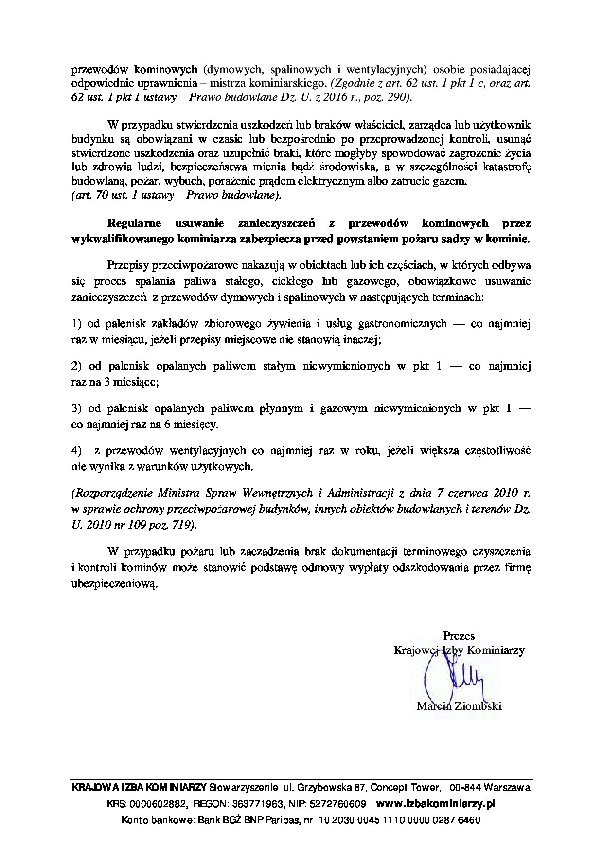 Komunikat Prezesa Krajowej Izby Kominarzy