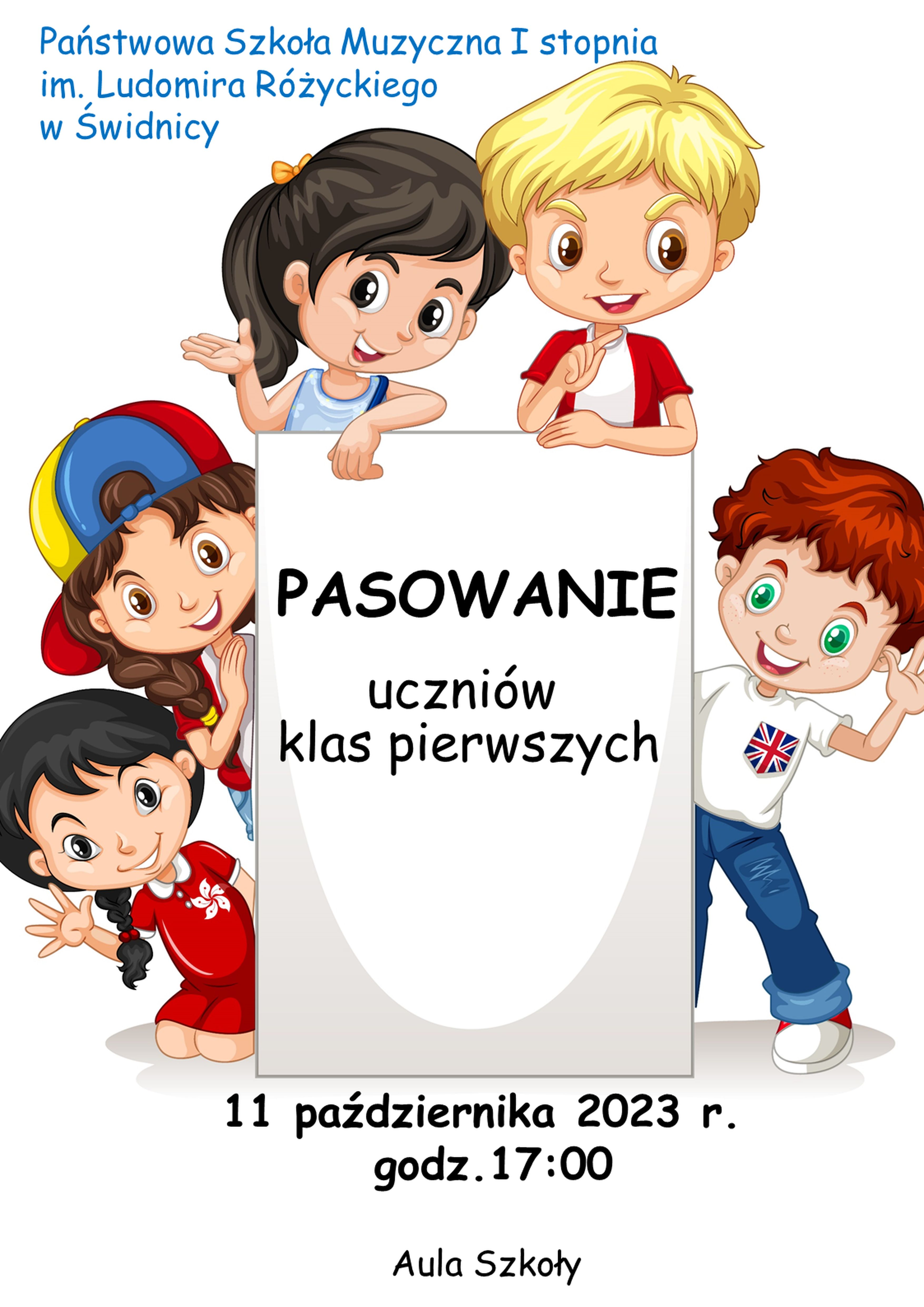 Plakat informujący o pasowaniu uczniów klas pierwszych 11 października 2023 w PSM w Świdnicy . W tle uśmiechnięte dzieci trzymające po środku kartkę na której zawarte są informacje na temat wydarzenia.