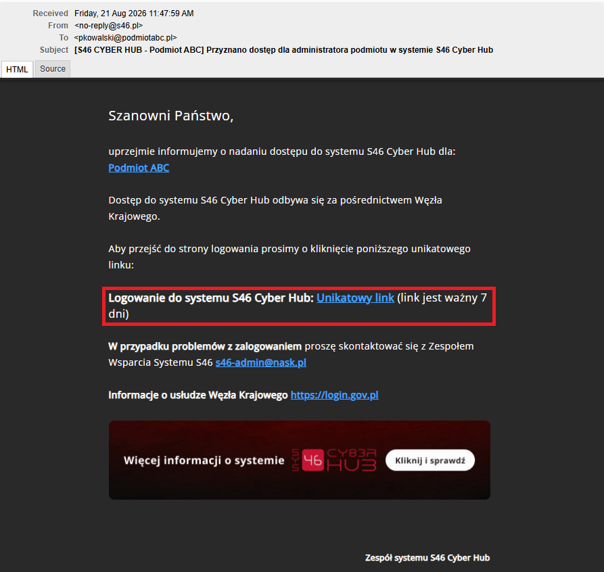 Zrzut ekranu wiadomości e-mail z systemu S46 Cyber Hub. W temacie wiadomości nazwa podmiotu i informacja o przyznaniu dostępu dla administratora. W treści wiadomości opis nadanego dostępu oraz wyróżniony odnośnik prowadzący do strony logowania systemu.