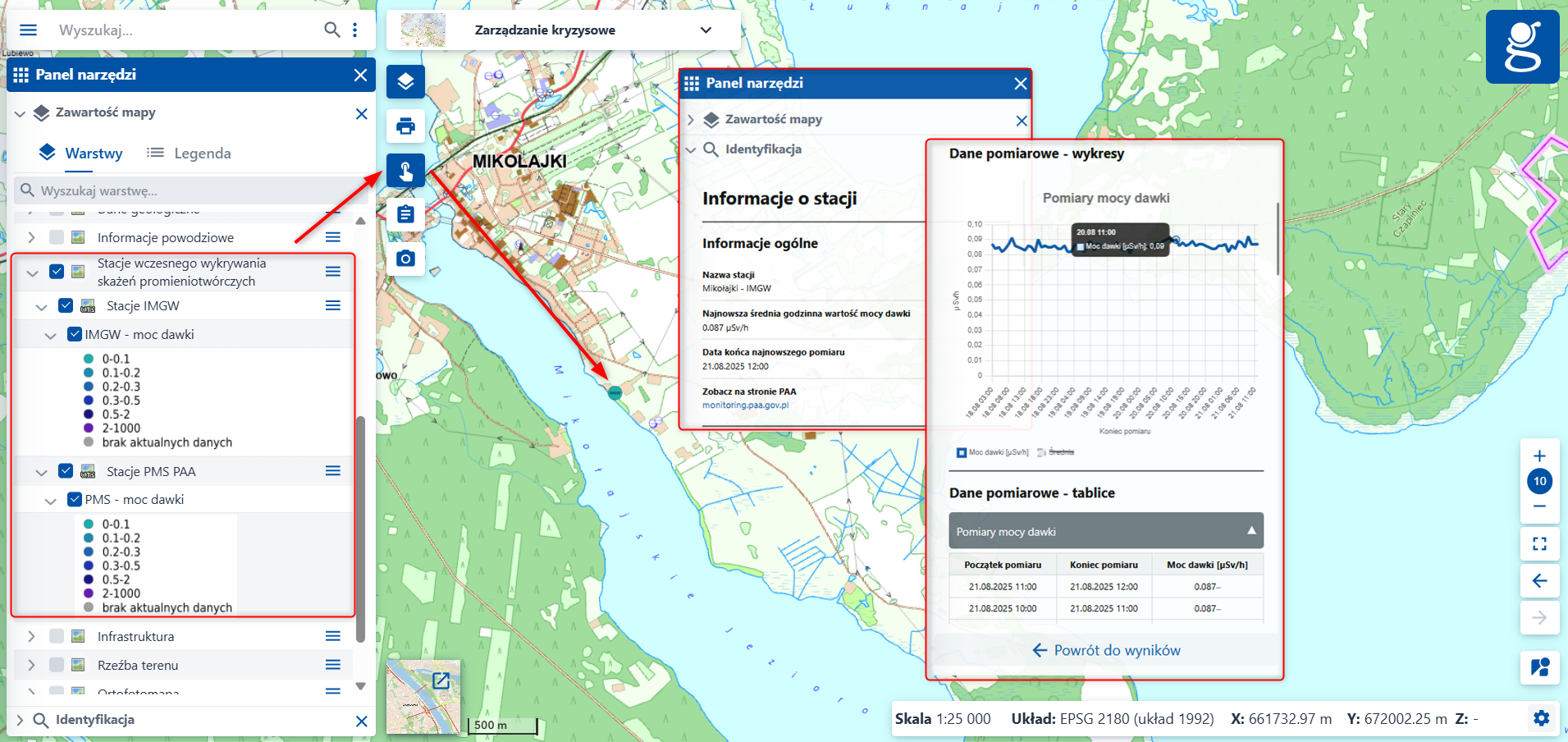 Ilustracja przedstawia dane z grupy warstwy "Stacje wczesnego wykrywania skażeń promieniotwórczych"