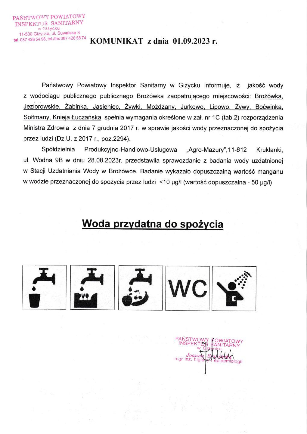 Komunikat z dnia 01.09.2023 r. (dot. wodociągu publicznego Brożówka)