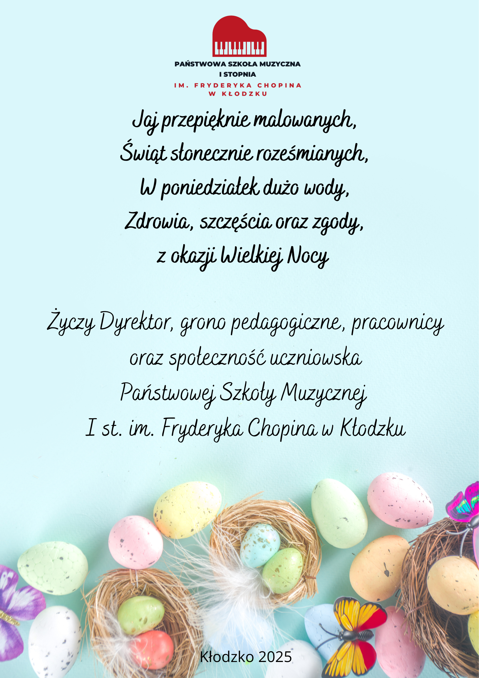 Plakat na niebieskim tle z grafiką świątecznych jajek i tekstem z życzeniami świątecznymi