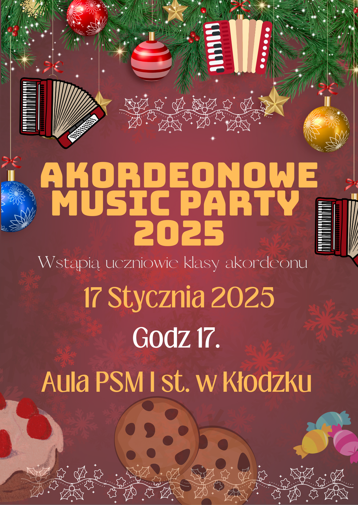 Plakat na bordowym tle ze szczegółowym opisem dot. Akordeonowe Music Party