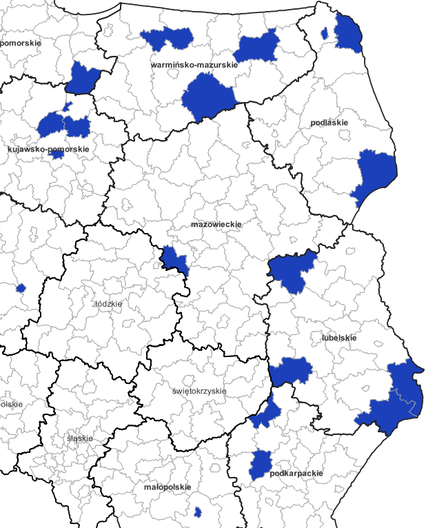 Ilustracja przedstawia obszary powiatów objętych aktualizacją zbiorów danych BDOT10k