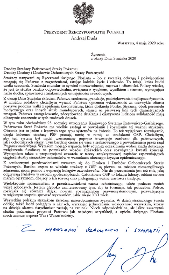 Życzenia Prezydenta Rzeczypospolitej Polskiej z okazji Dnia Strażaka