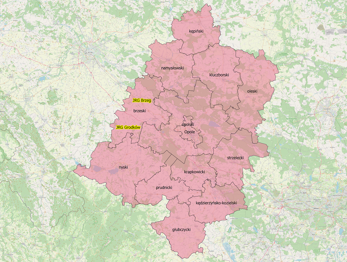 Mapa obszaru chronionego przez SGRT „Brzeg” w poziomie gotowości „B” - teren województwa opolskiego oraz powiat kępiński (woj. wielkopolskie).