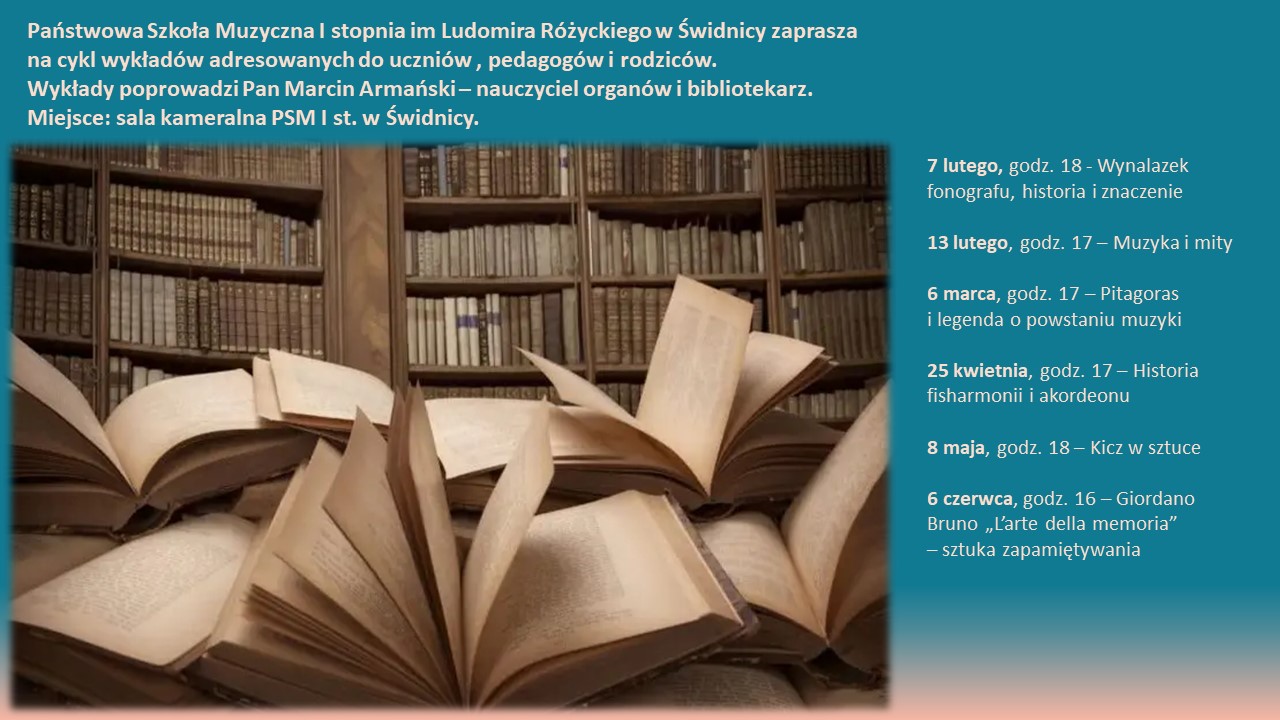 Plakat informujący o wykładach biblotekarza . Turkusowe tło, po prawej na dole zdjęcie książek rozłożunych na stole, nad zjęciem i z prawej strony białe napisy informujące o wydarzeniu.