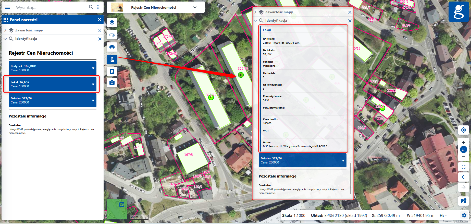 Ilustracja przedstawia dostępne atrybuty dla obiektu "lokal".
