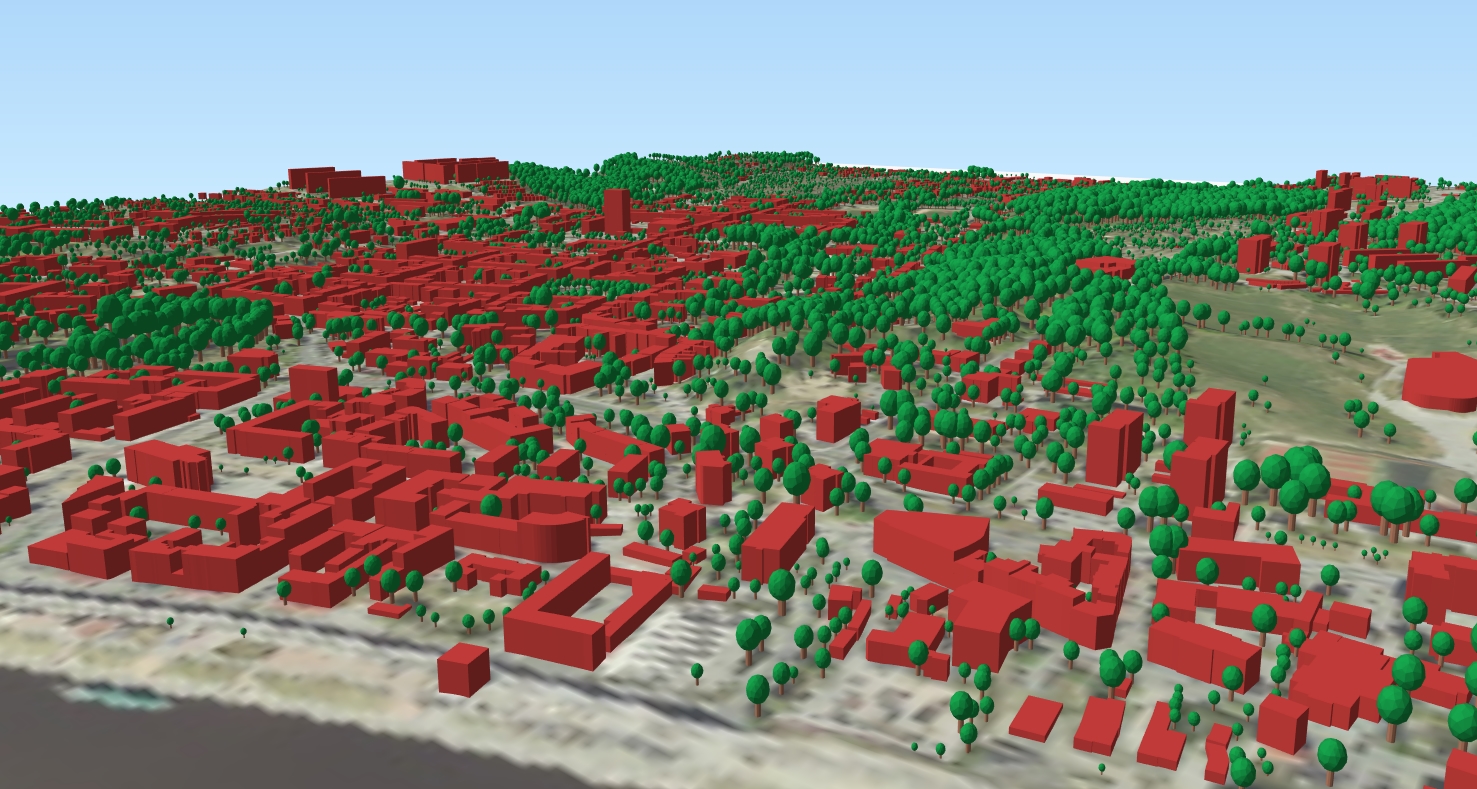zrzut ekranu przedstawiający wygenerowane modele 3D drzew wraz z modelami 3D budynków.