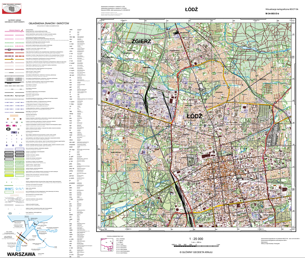 przykładowa wizualizacja kartograficzna BDOT10k w skali 1:25000 dla m. Łodzi