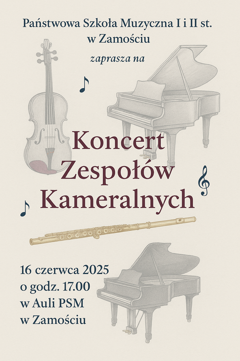 Plakat zapowiadający koncert. W tle znajdują się ilustracje instrumentów muzycznych: fortepianu, skrzypiec i fletu poprzecznego. Tekst na plakacie głosi: „Państwowa Szkoła Muzyczna I i II st. w Zamościu zaprasza na Koncert Zespołów Kameralnych. 16 czerwca 2025 o godz. 17.00 w Auli PSM w Zamościu.” Plakat ozdobiony jest również nutkami i kluczem wiolinowym. Kolorystyka utrzymana w stonowanych, klasycznych odcieniach beżu, bordo i granatu.