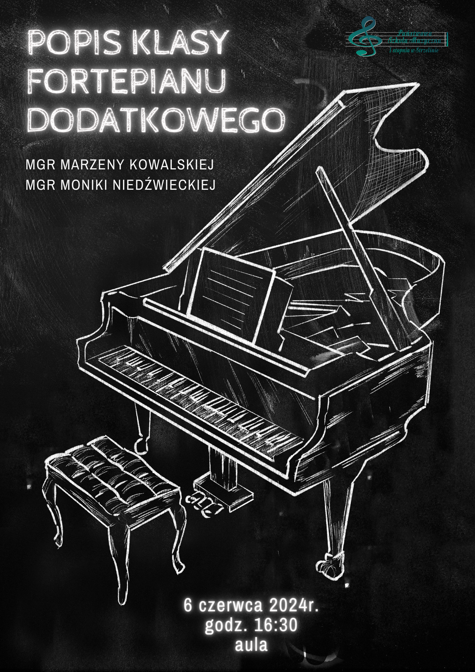 Na czarnym tle umieszczona została biała grafika konturowa przedstawiająca fortepian. W górnej oraz dolnej części plakatu znajdują się informacje dotyczące wydarzenia.
