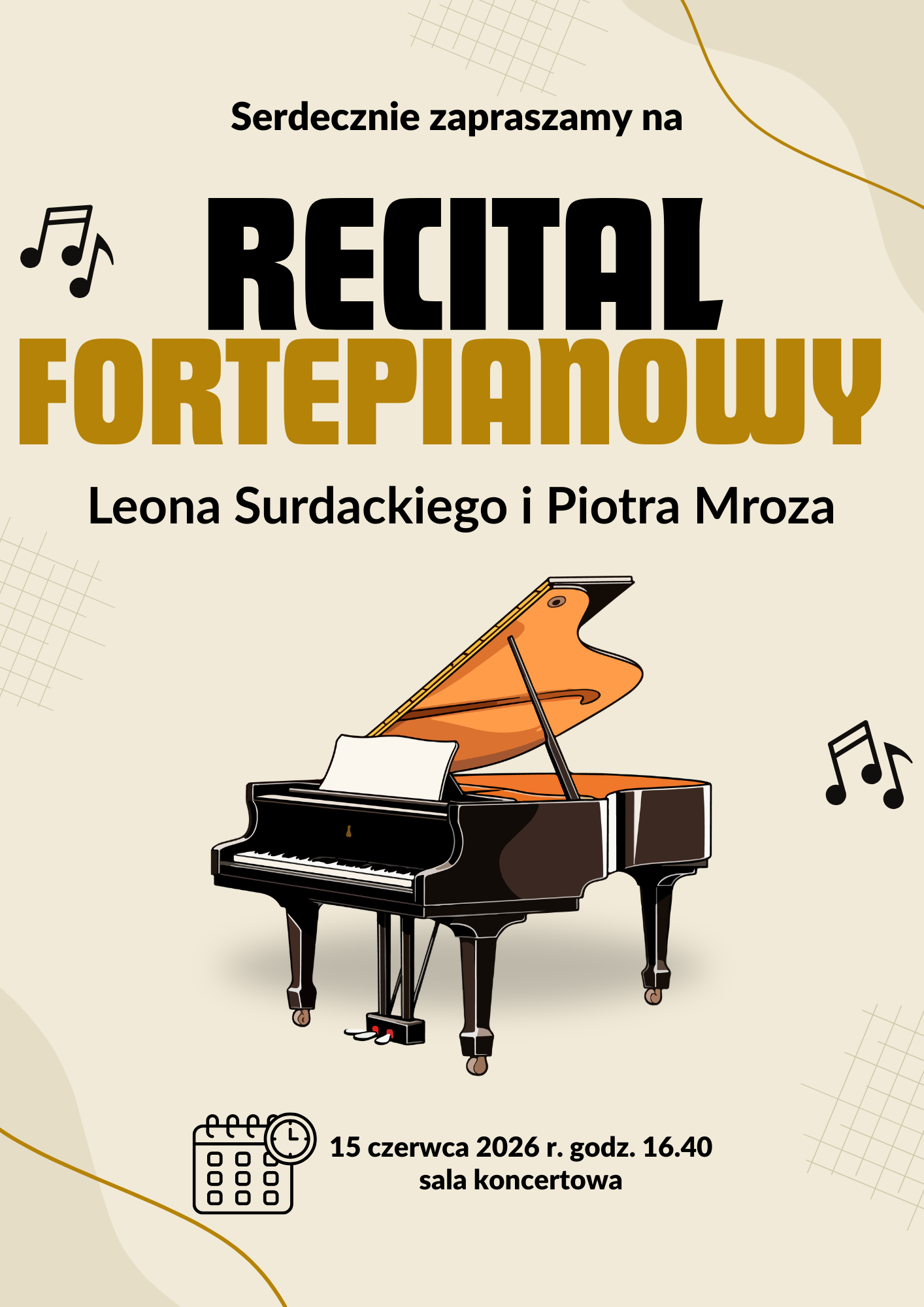 Plakat koncertu z grafiką fortepianu na środku i szczegółami koncertu
