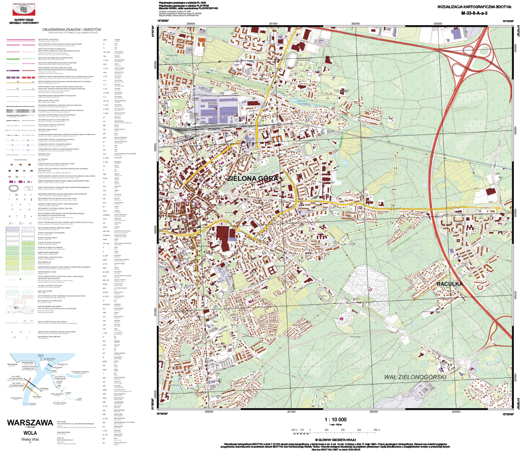 Ilustracja przedstawia przykładową wizualizację kartograficzną BDOT10k w skali 1:10000 dla miasta Jasło.