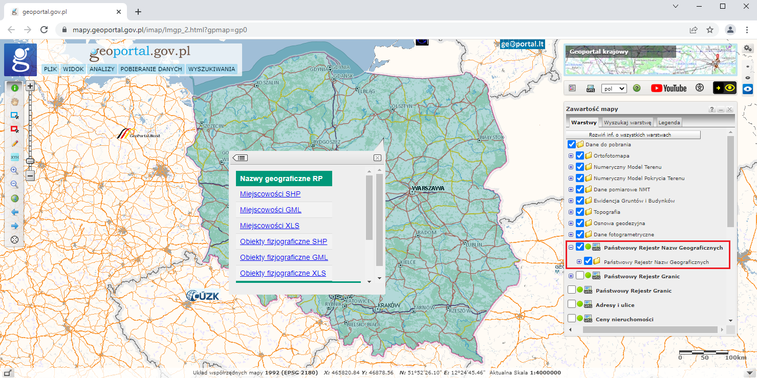 Ilustracja przedstawiająca zrzut ekranu z serwisu www.geoportal.gov.pl z uruchomioną usługą pobierania danych dotyczących nazw geograficznych RP.