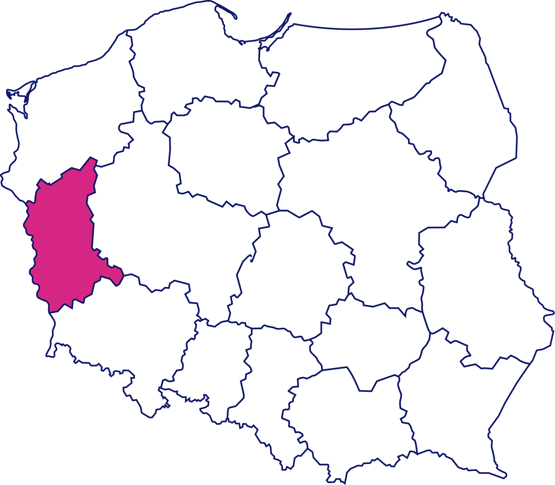 Grafika przedstawia mapę Polski z zaznaczonym na różowo województwem lubuskim.