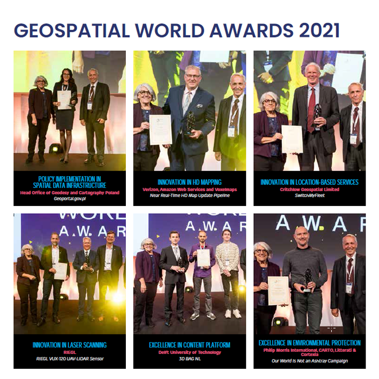 6 fotografii przedstawiających zwycięzców Geospatial World Awards 2021. Na jednej z nich jest Dyrektor Departamentu Strategii, Współpracy Zagranicznej i Informacji Publicznej Ewa Surma odbierająca wyróżnienie dla Głównego Urzędu Geodezji i Kartografii.