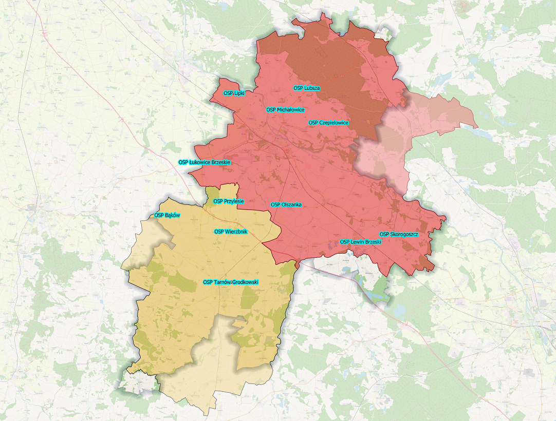 Zdjęcie przedstawia mapę jednostek Ochotniczych Straży Pożarnych włączonych do Krajowego Systemu Ratowniczo-Gaśniczego na terenie powiatu brzeskiego (woj. opolskie).