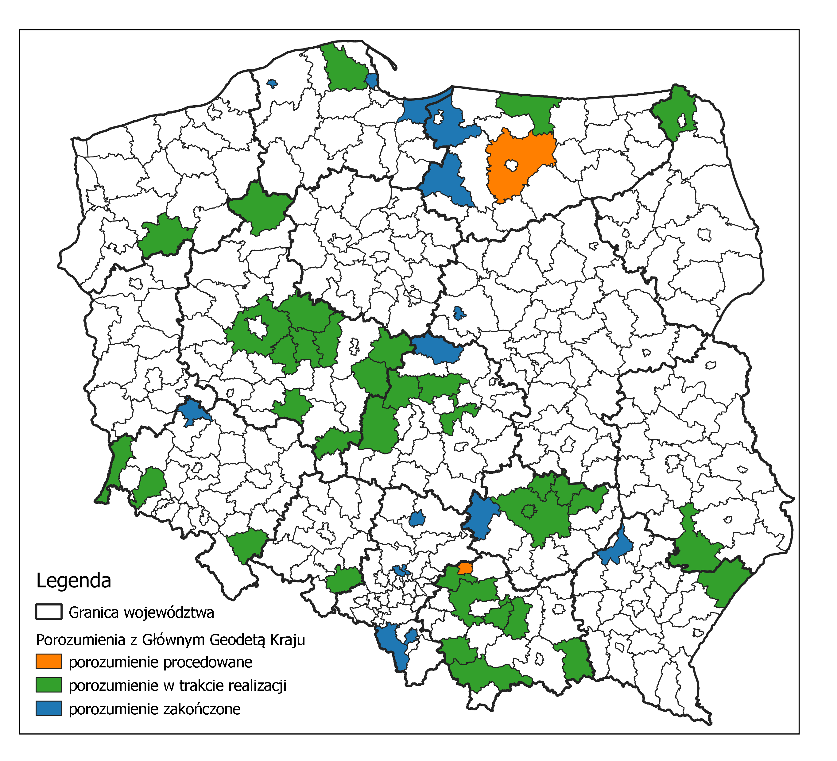 Ilustracja przedstawia mapę Polski z oznaczonymi kolorystycznie powiatami, z którymi zawarte zostało porozumienie.