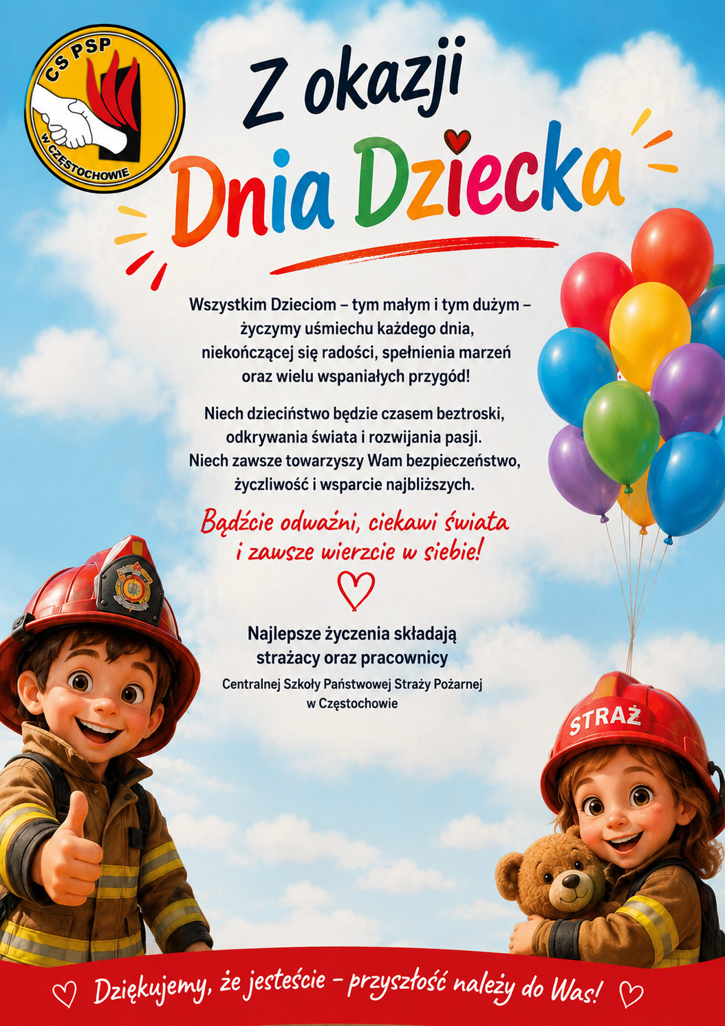 Kolorowy plakat z życzeniami z okazji Dnia Dziecka. U góry po lewej logo Centralnej Szkoły PSP, na środku napis Z okazji Dnia Dziecka, poniżej treść życzeń. U dołu po lewej chłopiec w stroju strażaka, po prawej dziewczynka w stroju strażaka trzymająca pluszowego misia. Poniżej na czerwonym tle napis: Dziękujemy, ze jesteście - przyszłość należy do Was!