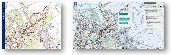 Ilustracja przedstawia zaktualizowany zbiór danych BDOT10k dla fragmentu powiatu kościańskiego w Portalu BDOT10k oraz w usłudze Baza Danych Obiektów Topograficznych.