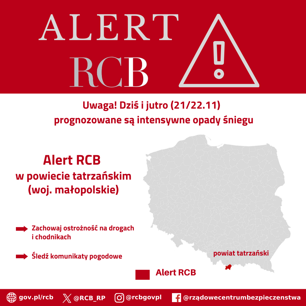 Alert RCB o treści: Uwaga! Dziś i jutro (21/22.11) prognozowane są intensywne opady śniegu. Zachowaj ostrożność na drogach i chodnikach. Śledź komunikaty pogodowe. Alert RCB wysłany w powiecie tatrzańskim.