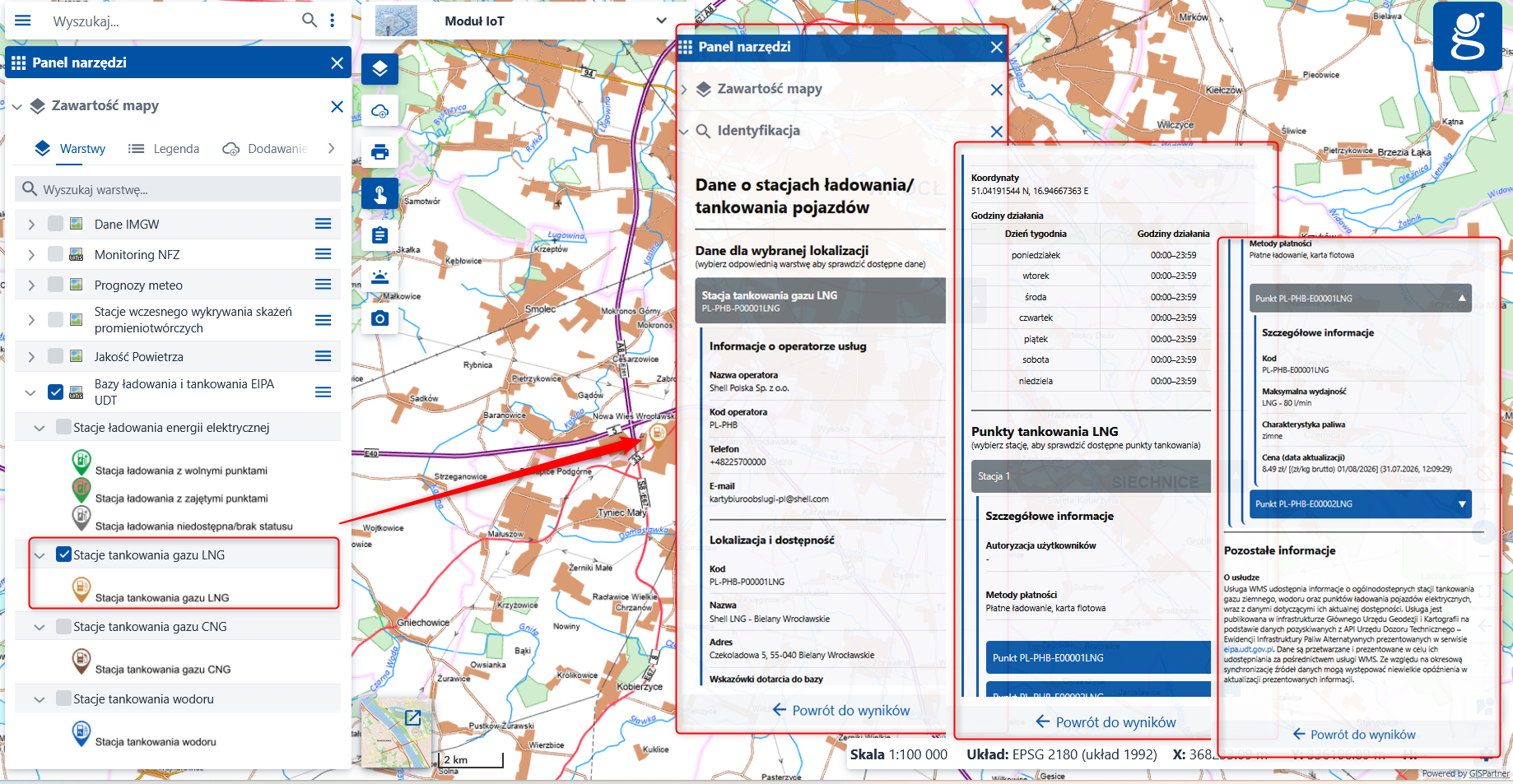 Okno informacji o wybranej stacji tankowania LNG zawierające szczegóły dotyczące dostępnej infrastruktury.