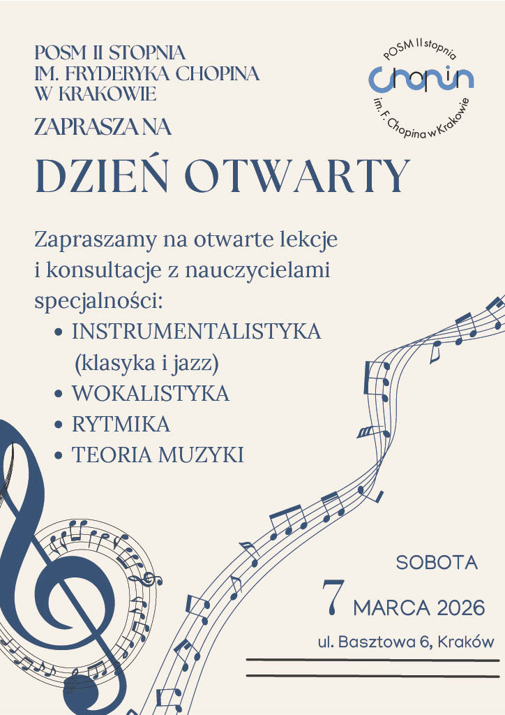 Plakat, jasne tło, grafika pięciolinii z nutami; tekst: Dzień otwarty, zapraszamy na otwarte lekcje, sobota, 7 marca 2026 r.