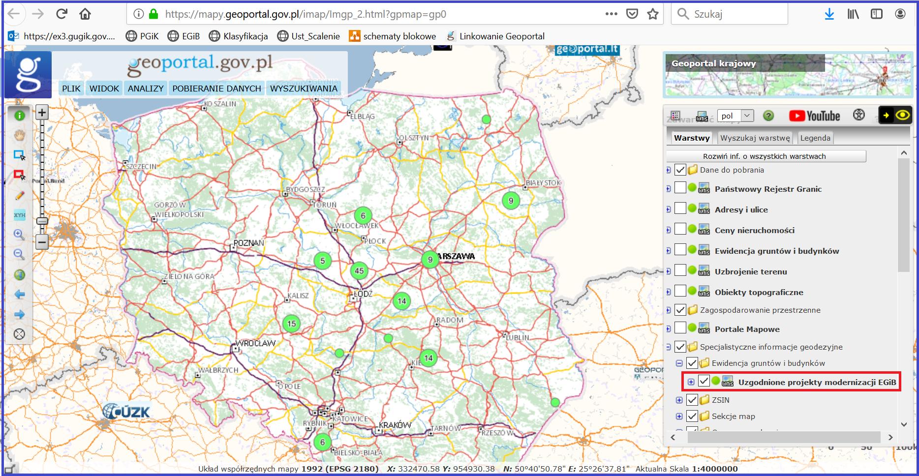 Ilustracja przedstawia zrzut ekranu z serwisu www.geoportal.gov.pl prezentujący warstwę „Uzgodnione projekty modernizacji EGiB”