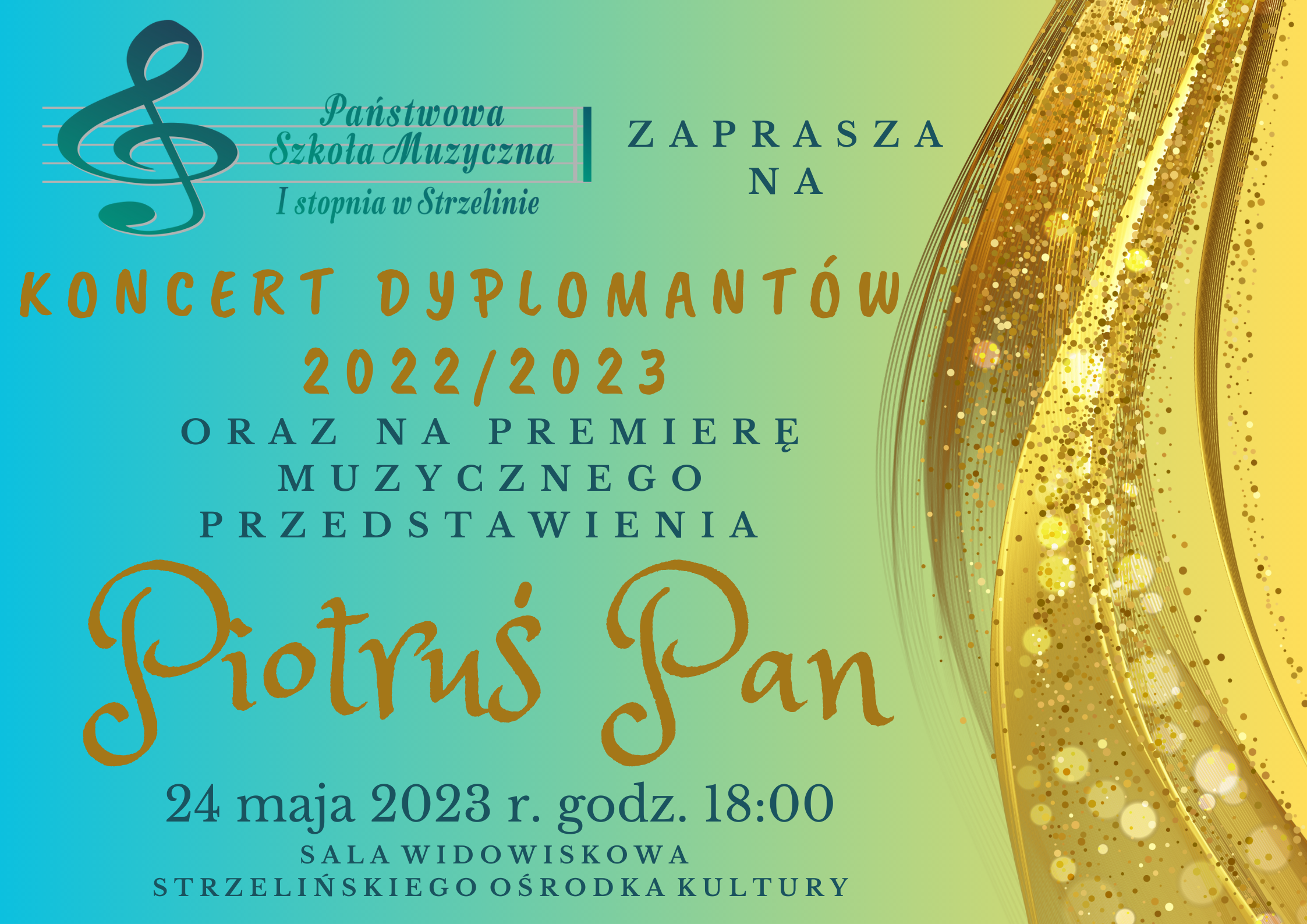 Plakat ma błękitno-złote tło. W lewym górnym rogi umieszczone zostało logo PSM Strzelin. Pod nim znajdują się informacje dotyczące koncertu.