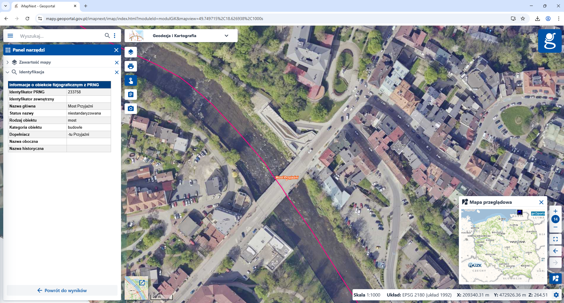 zrzut z Geoportalu przedstawiający Most Przyjaźni