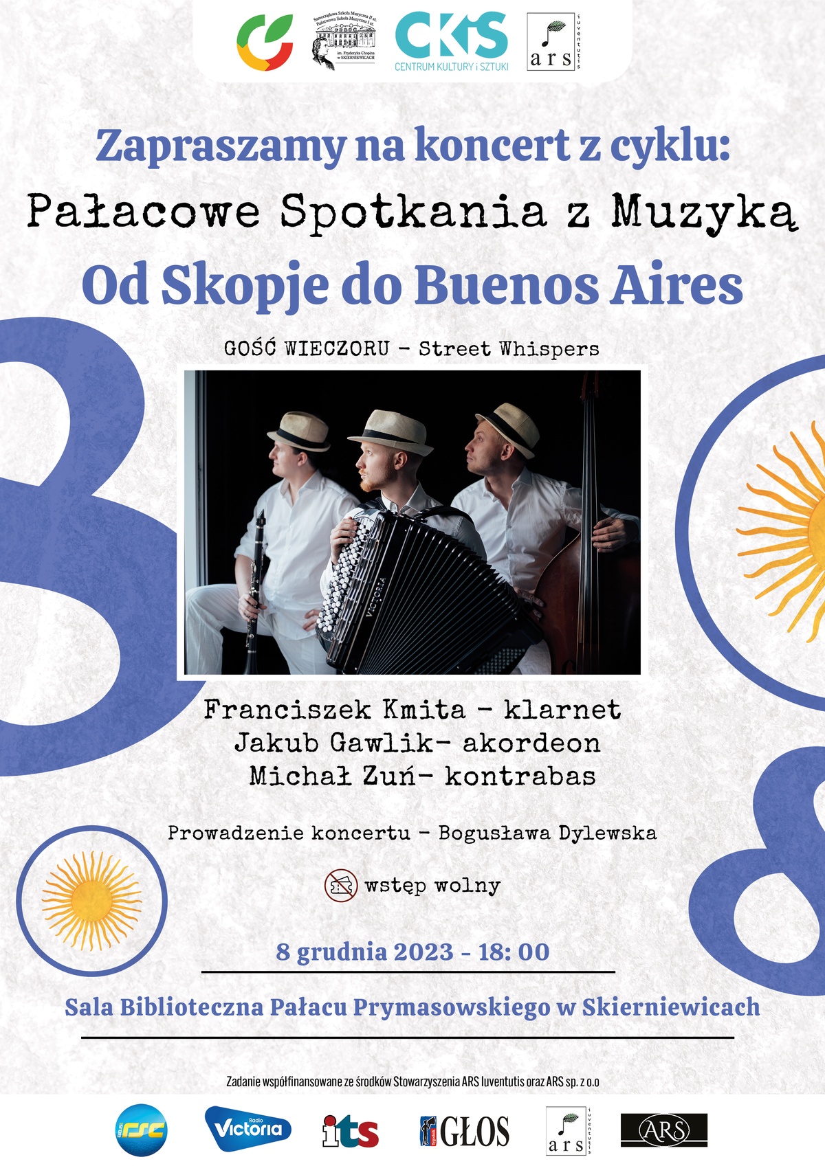 Pałacowe spotkania z muzyką Plakat na białym tle napis na plakacie Zapraszamy na koncert z cyklu Pałacowe Spotkania Muzyką 8 grudnia 2023 - 18: 00