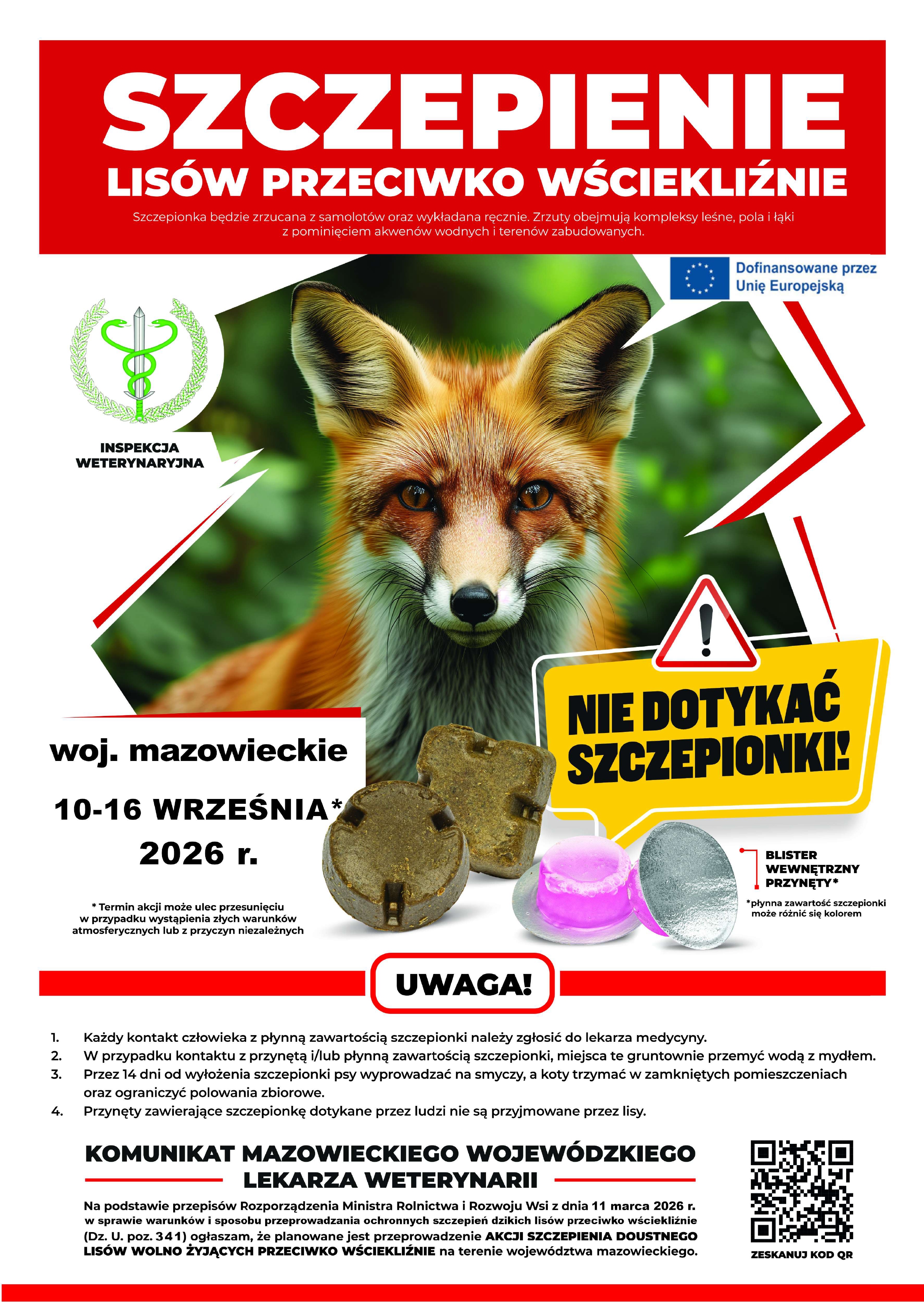 plakat na temat szczepienia lisów przeciwko wściekliźnie w województwie mazowieckim w dniach 10-16 września 2026 r.