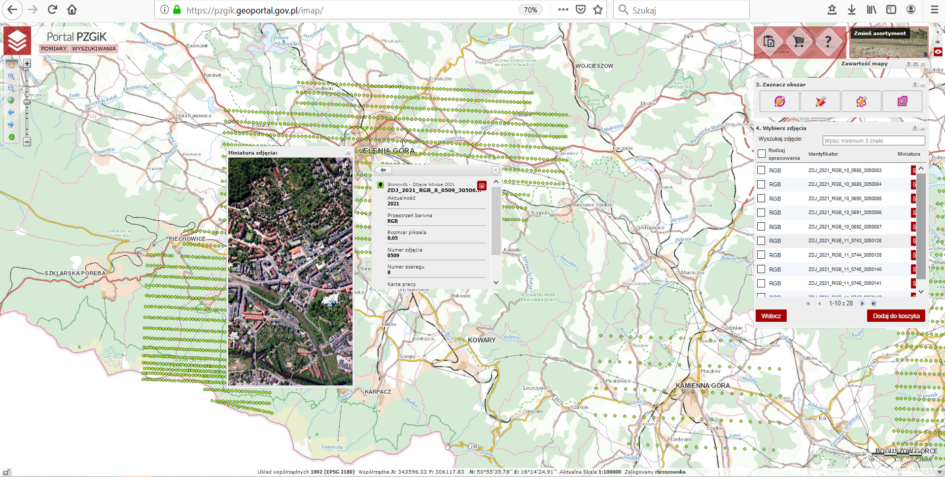 Ilustracja przedstawia zrzut ekranu z portalu https://pzgik.geoportal.gov.pl/imap/ nowo przyjętych zdjęć do państwowego zasobu geodezyjnego i kartograficznego na przykładzie miasta Jelenia Góra