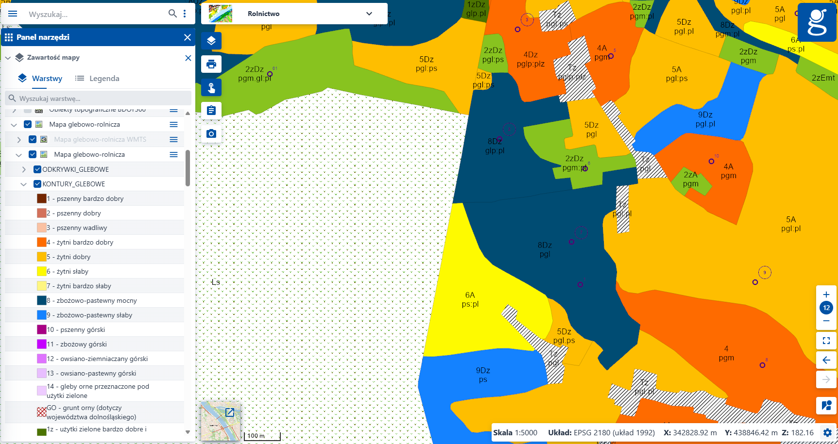 zrzut prezentuje mapę glebowo-rolniczą 1 : 5000, dostępną w usłudze WMS, WMTS w serwisie https://www.geoportal.gov.pl/