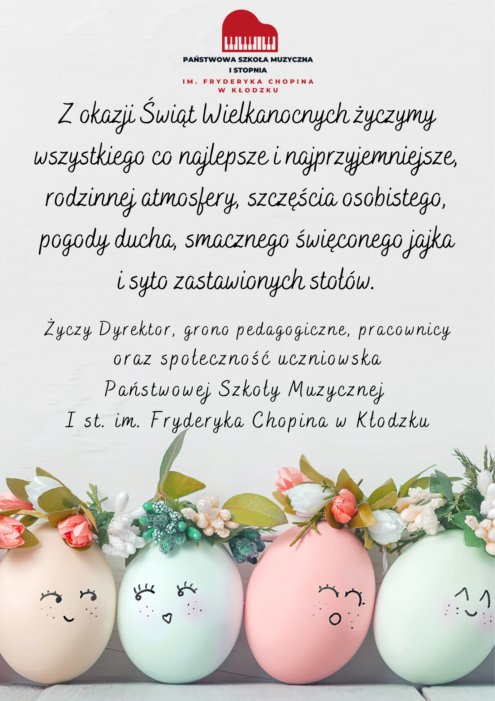 Kartka wielkanocna z logiem szkoły u góry, grafiką jajek świątecznych na dole oraz z tekstem z życzeniami świątecznymi