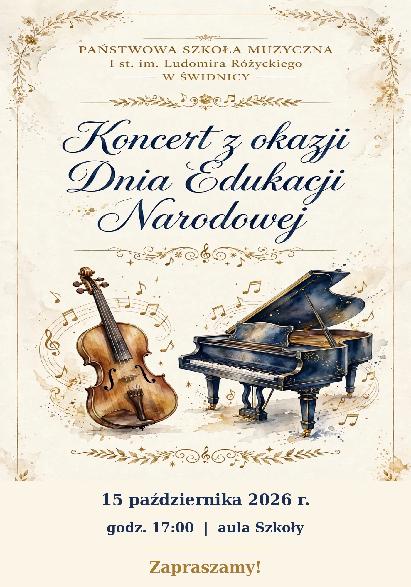 Tło beżowe , po bokach ozdobna ramka zelementami kwiatów w kolorze złocistym, na środku ozdony napis w kolorze granatowym informujący o koncercie.Pod napisami rysunki skrzypiec i fortepianu (akwarela).