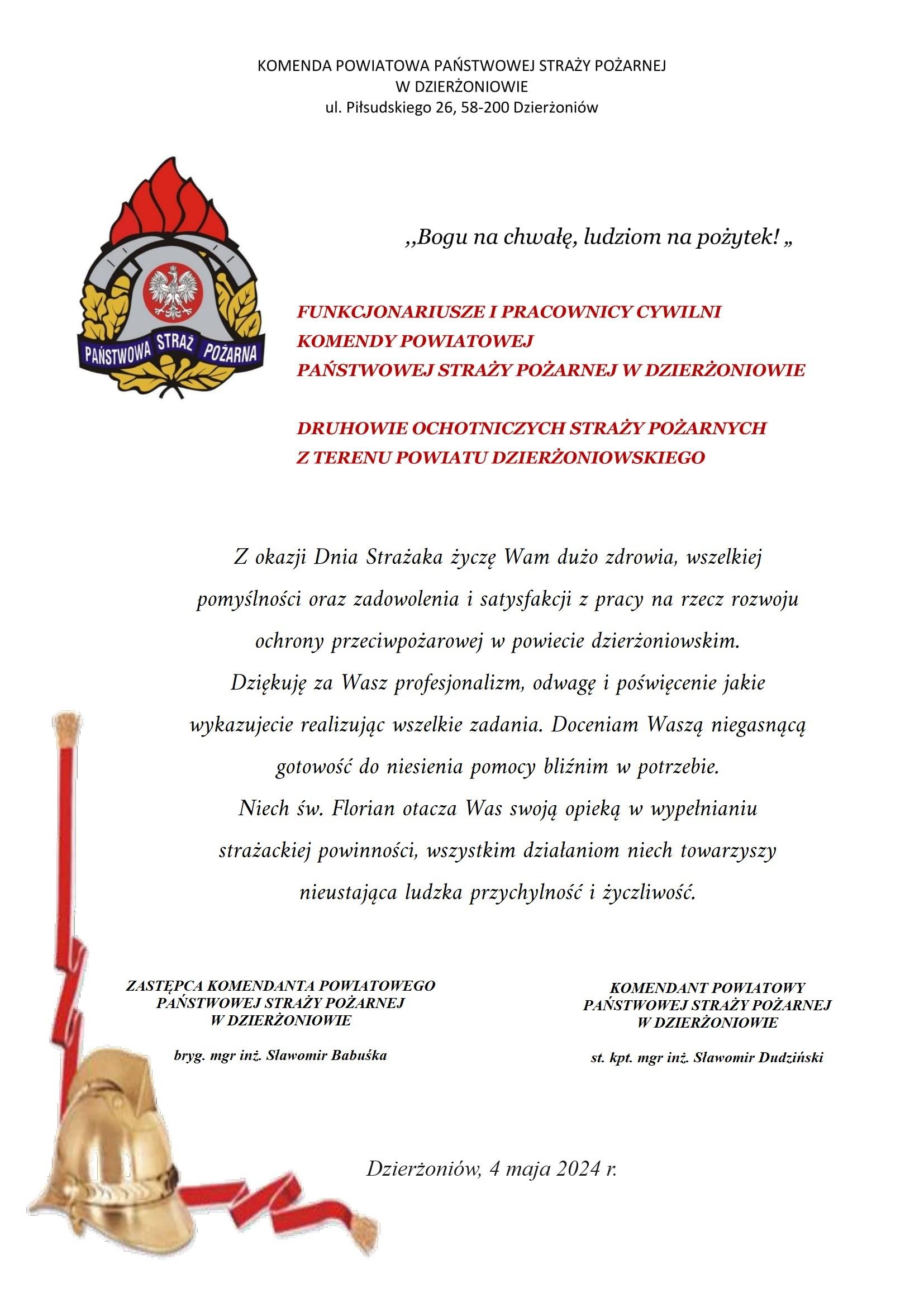 ŻYCZENIA KOMENDANTA POWIATOWEGO PSP W DZIERŻONIOWIE Z OKAZJI DNIA STRAŻAKA