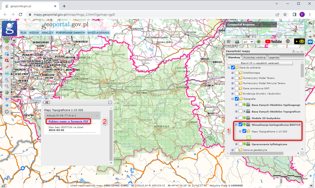 Ilustracja przedstawia zrzut ekranu z serwisu www.geoportal.gov.pl pokazujący w jaki sposób pobrać wizualizacje kartograficzne BDOT10k.