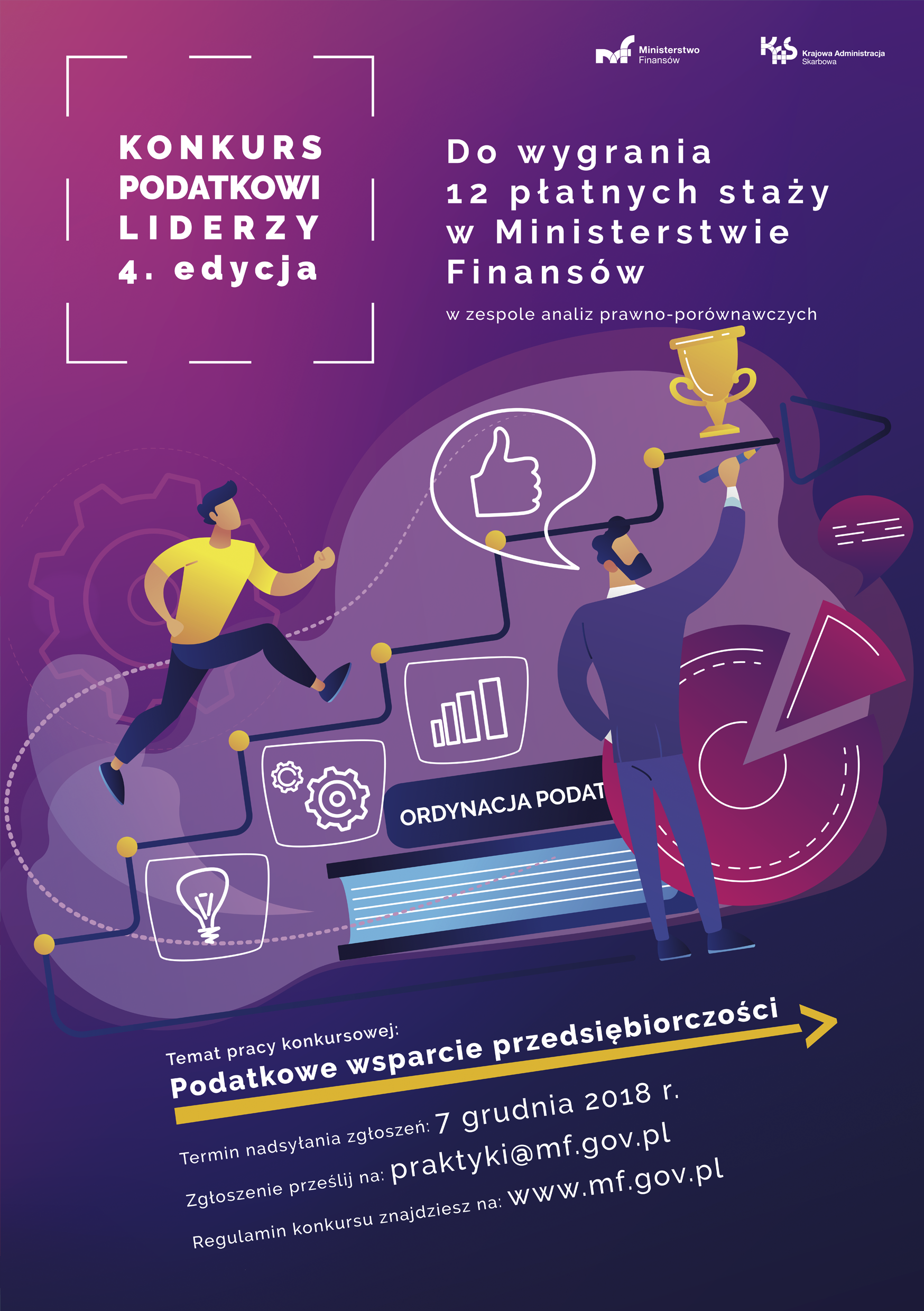 Plakat z podstawowymi informacjami o konkursie, grafika: dwie postacie, jedna biegnie po schodach po puchar, druga rysuje