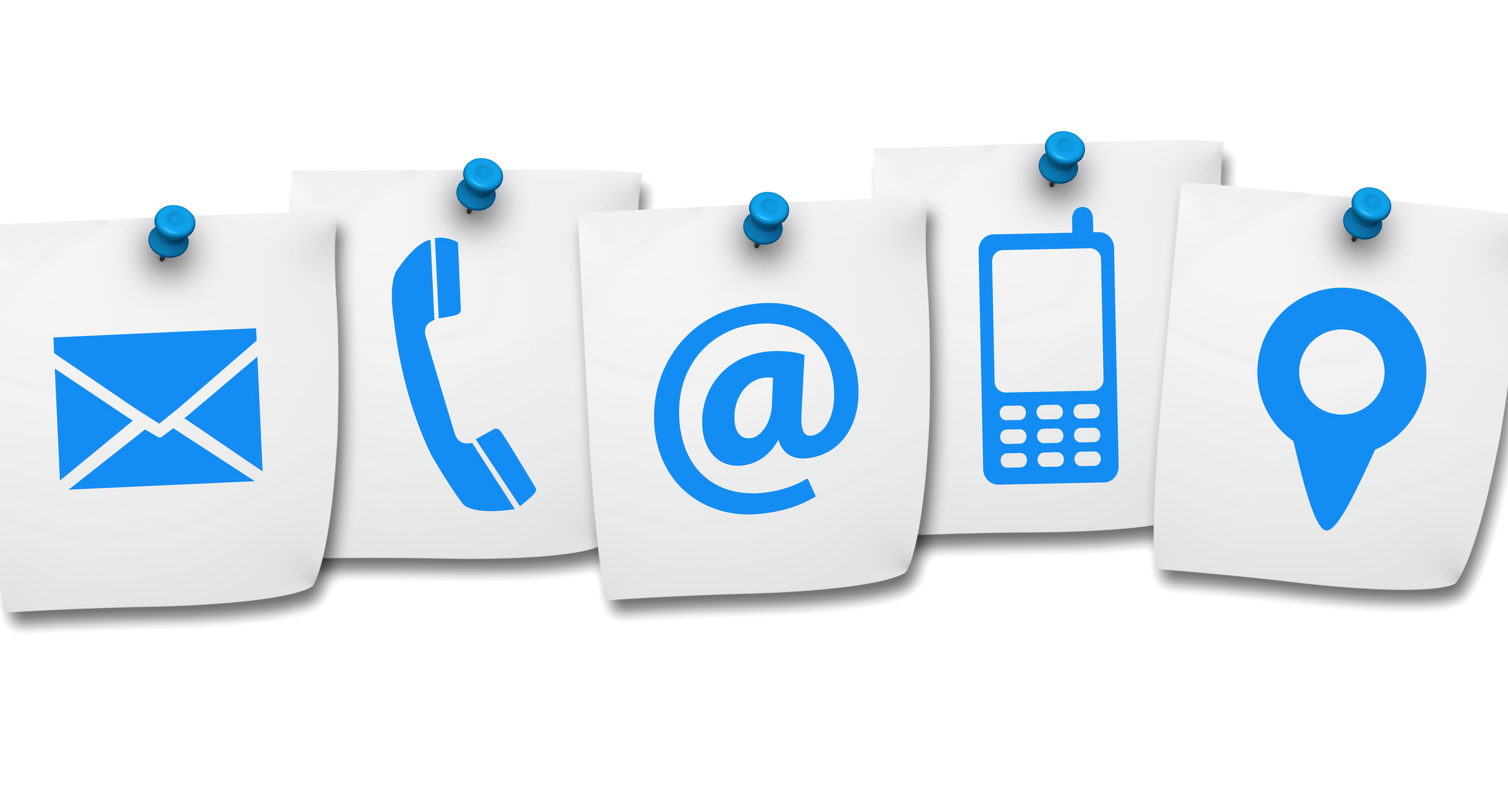 Niebieskie piktogramy na białych karteczkach koperty, słuchawki telefonicznej, małpki, telefonu komórkowego i znacznika lokalizacji