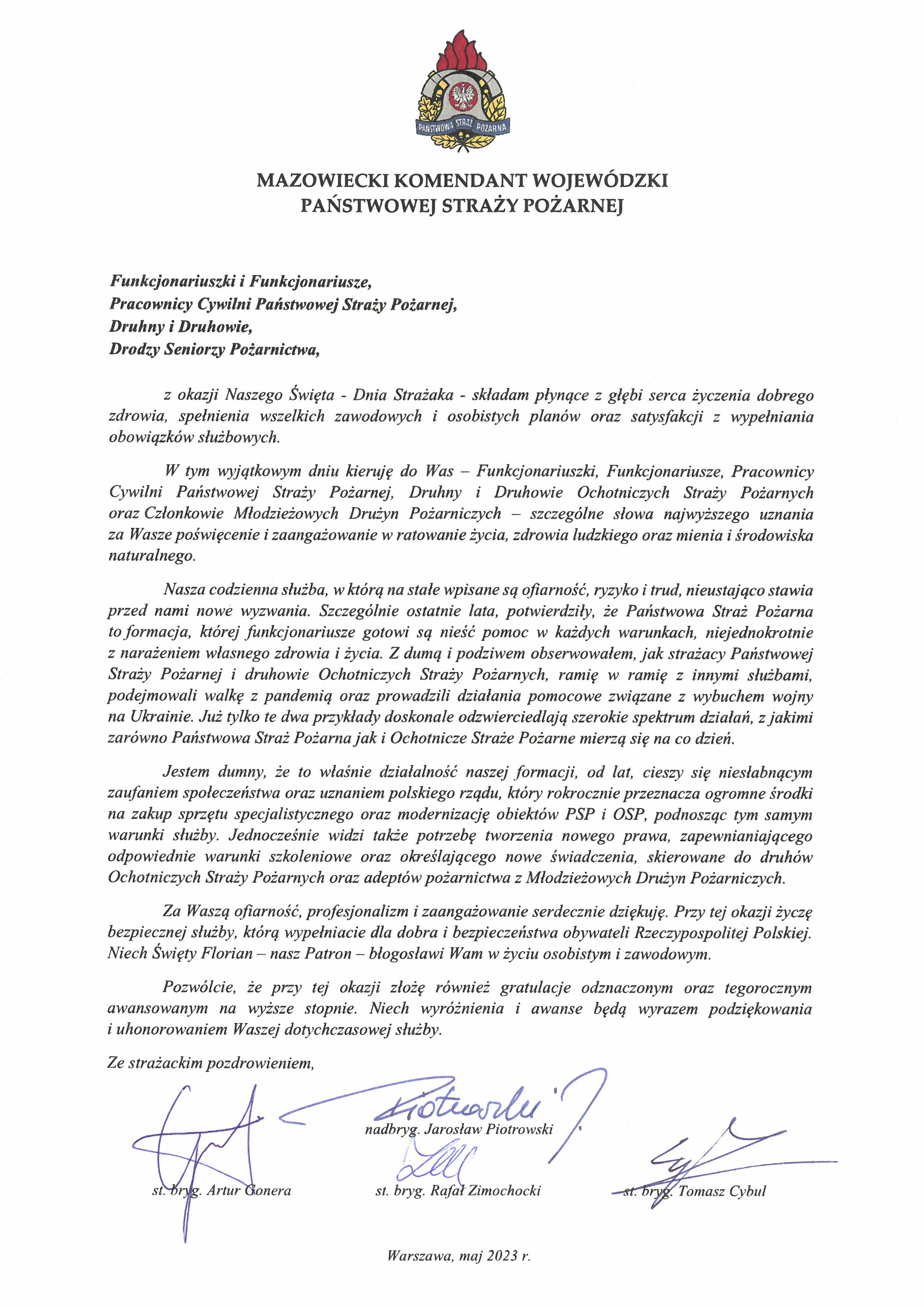 Życzenia Kierownicta KW PSP w Warszawie z okazji Dnia Strażaka